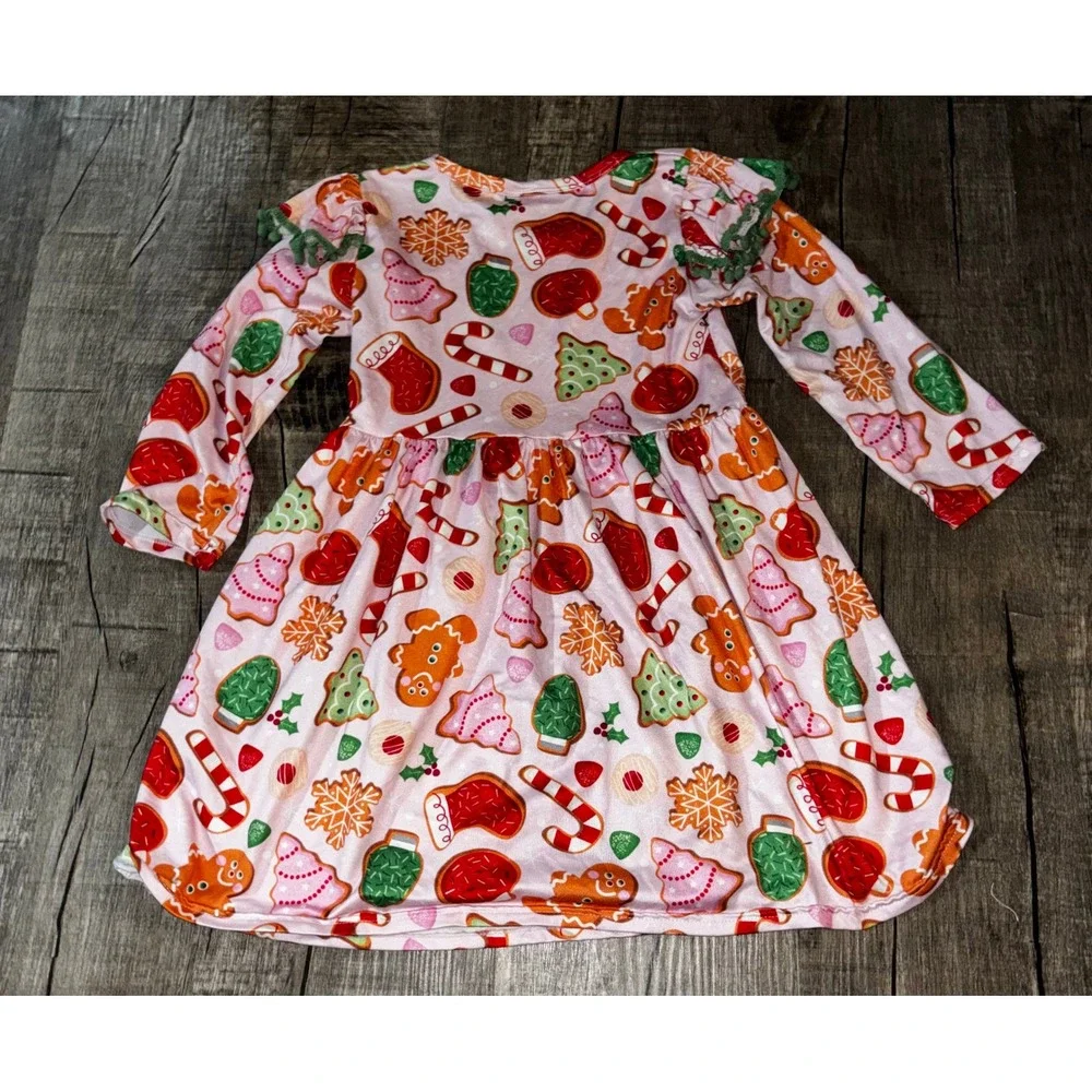 Isla Grace Kids Pink Gingerbread‎ Christmas Holiday Long Sleeve Dress 3-4T